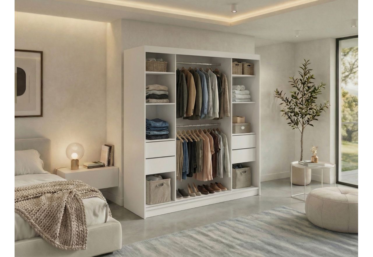 Szafa przesuwna NAURU 200 - biały z lamelami czarnymi + 4 szuflady