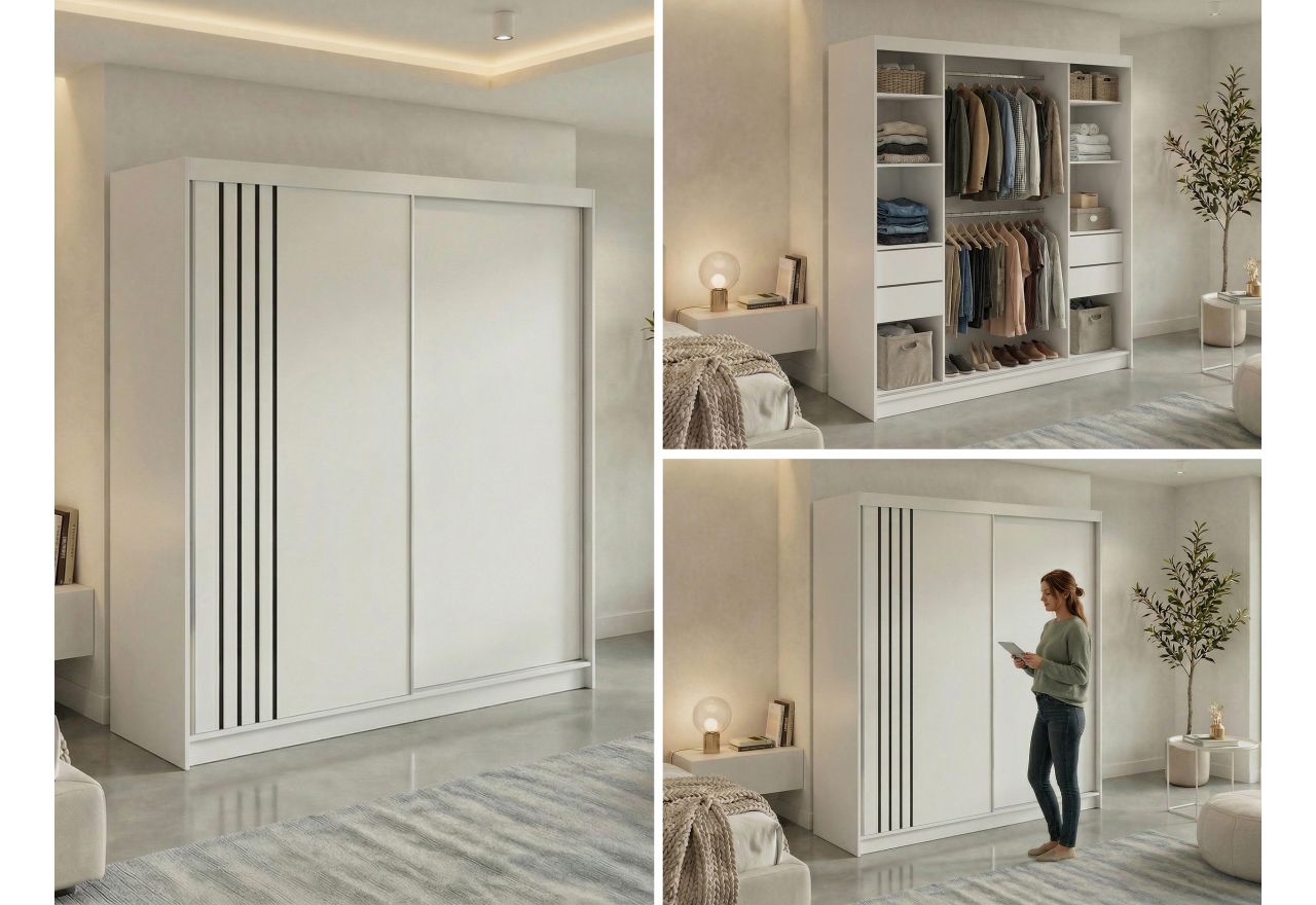 Szafa przesuwna NAURU 200 - biały z lamelami czarnymi + 4 szuflady