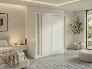 Szafa przesuwna NAURU 200 - biały z lamelami dąb aristan + 4 szuflady