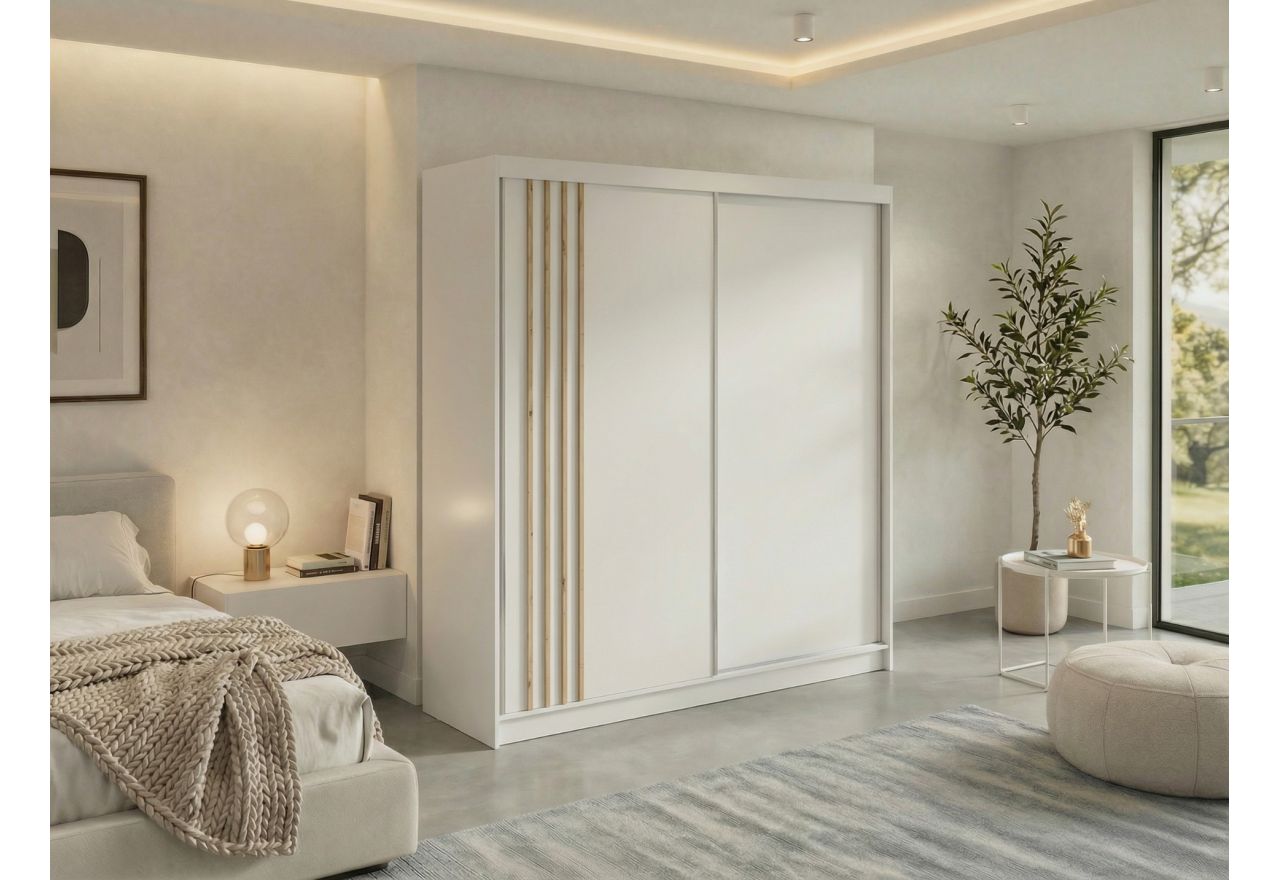 Szafa przesuwna NAURU 200 - biały z lamelami dąb aristan + 4 szuflady