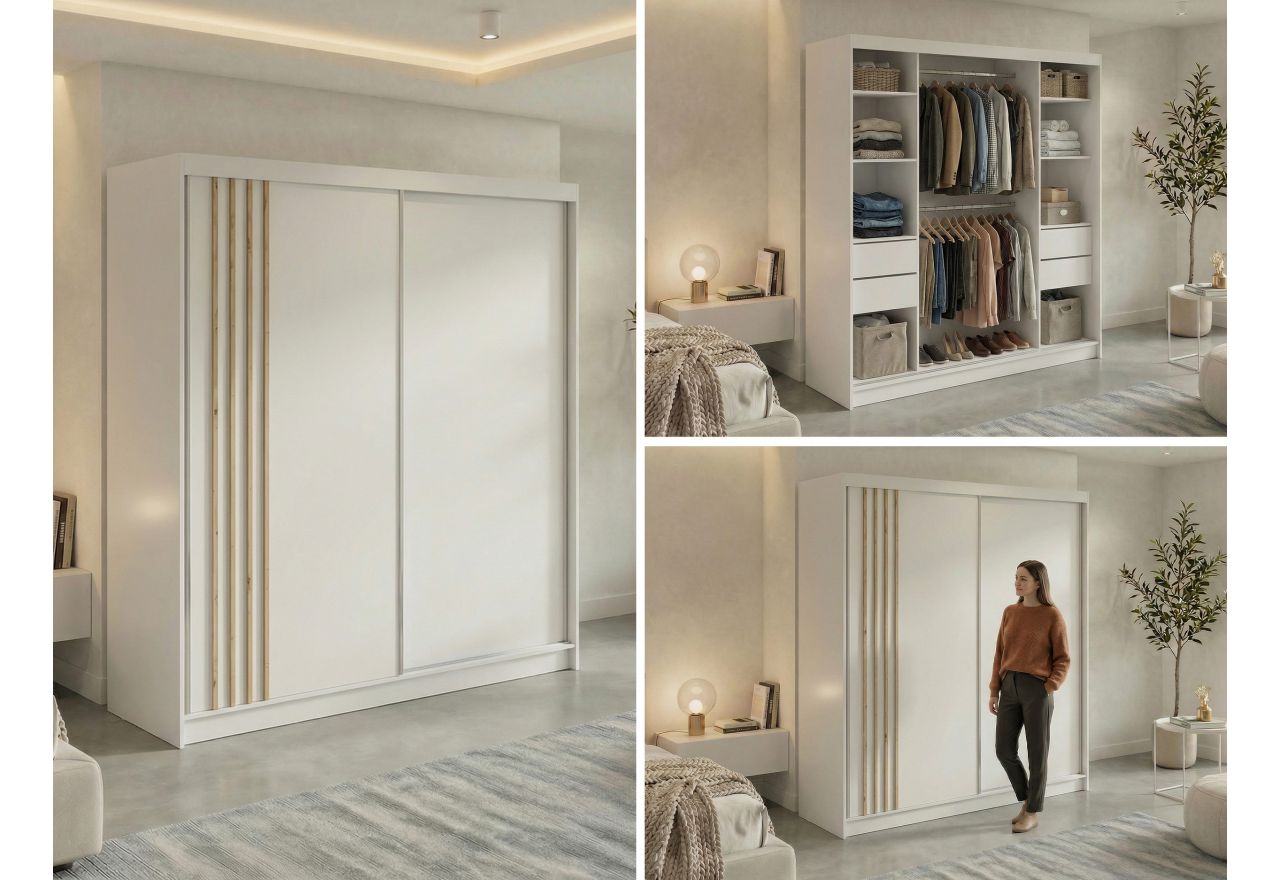 Szafa przesuwna NAURU 200 - biały z lamelami dąb aristan + 4 szuflady