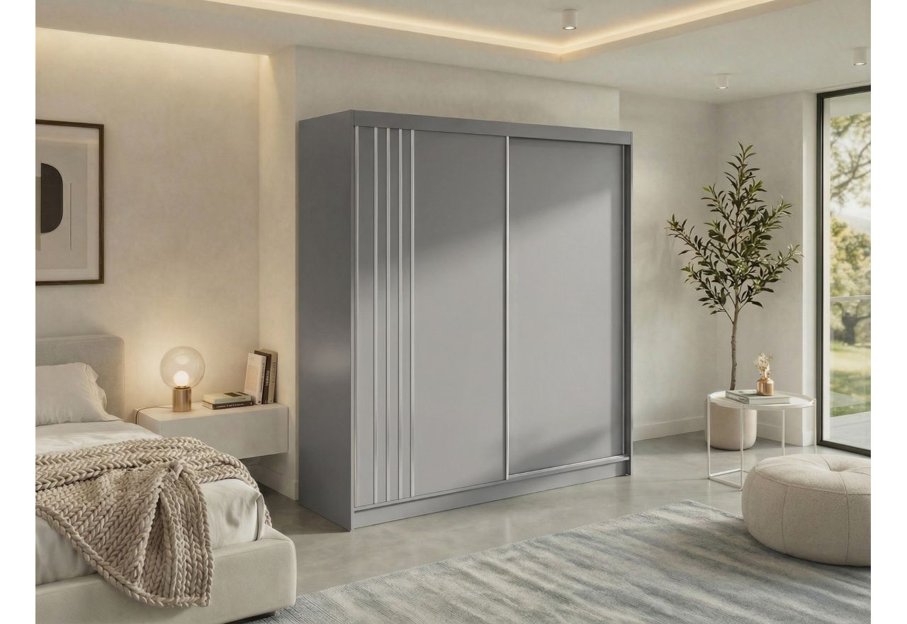 Szafa przesuwna NAURU 200 - szary z lamelami białymi + 4 szuflady