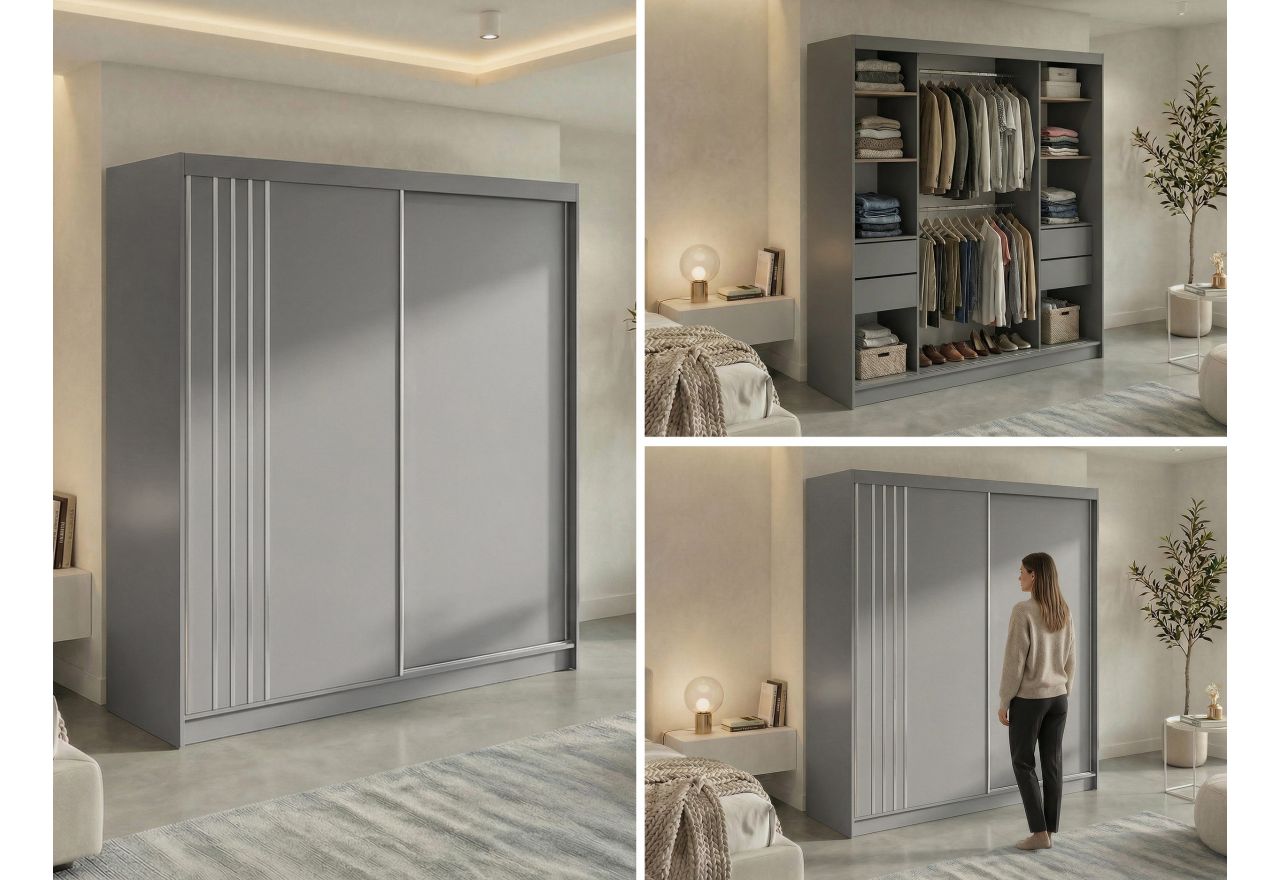 Szafa przesuwna NAURU 200 - szary z lamelami białymi + 4 szuflady