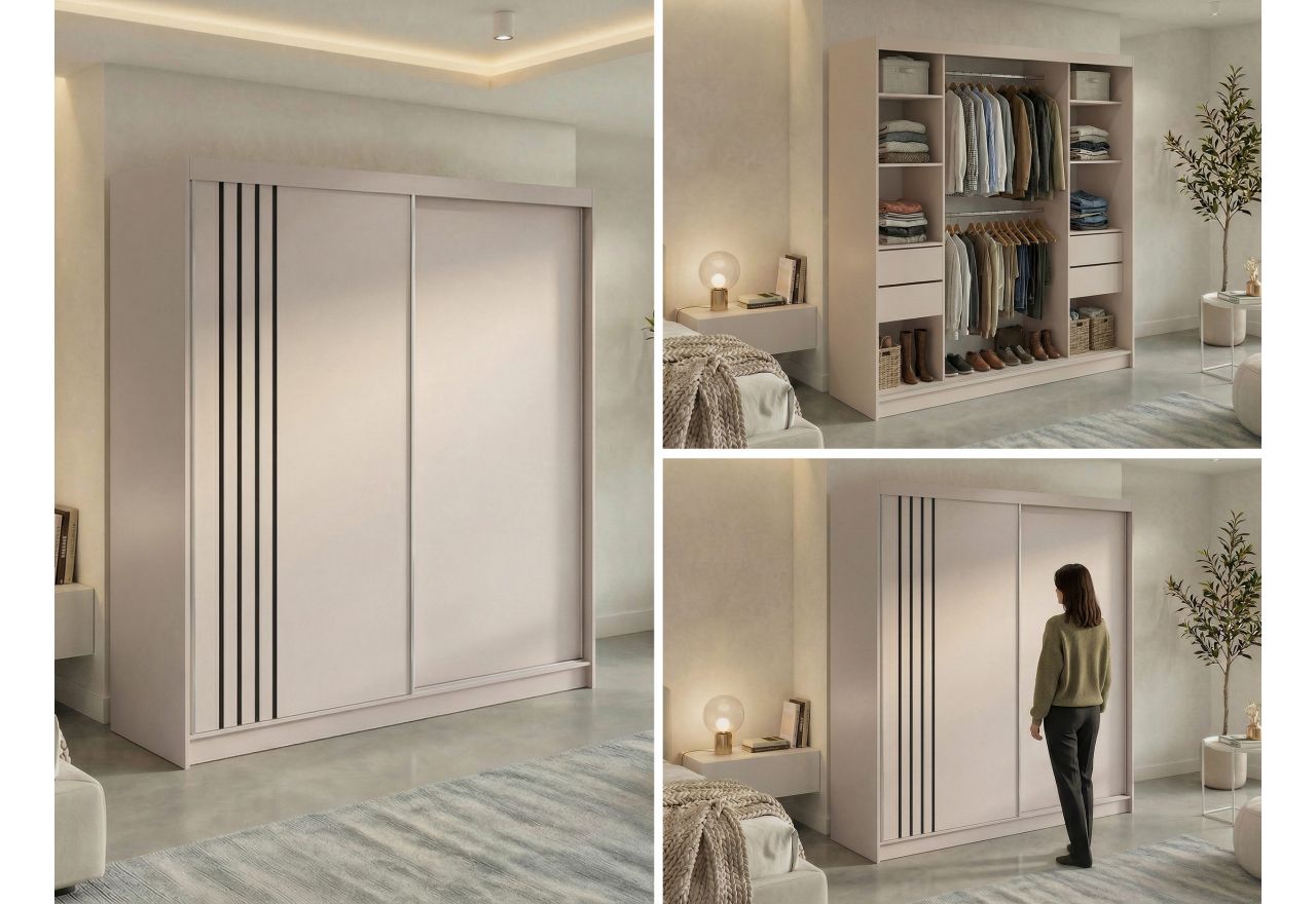 Szafa przesuwna NAURU 200 - kaszmir z lamelami czarnymi + 4 szuflady