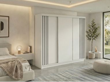 Szafa przesuwna NAURU 240 - biały z lamelami czarnymi + 4 szuflady