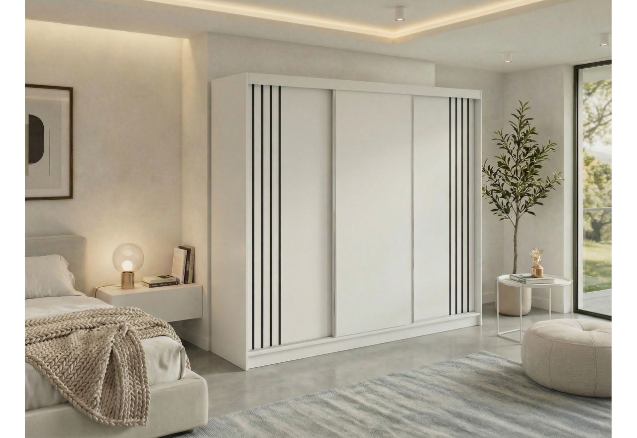 Szafa przesuwna NAURU 240 cm - biały z lamelami czarnymi + 4 szuflady