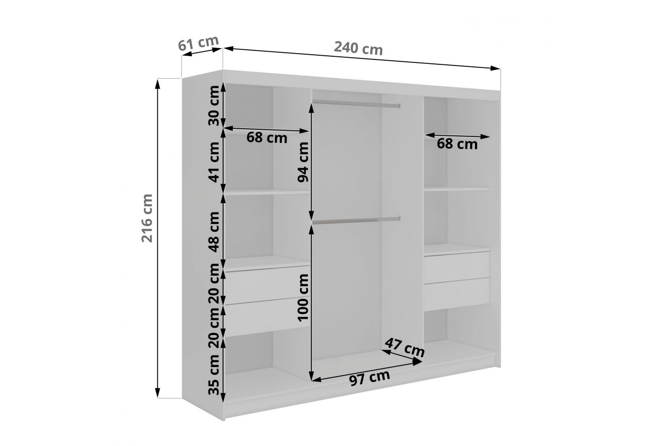 Szafa przesuwna NAURU 240 cm - biały z lamelami czarnymi + 4 szuflady