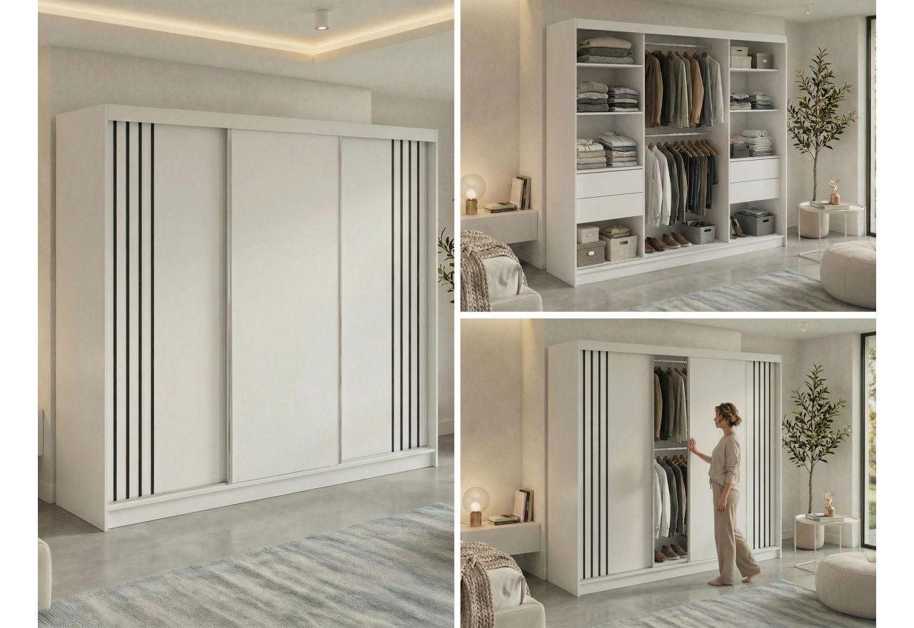 Szafa przesuwna NAURU 240 cm - biały z lamelami czarnymi + 4 szuflady