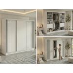 Szafa przesuwna NAURU 240 cm - biały z lamelami czarnymi + 4 szuflady