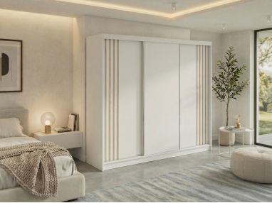 Szafa przesuwna NAURU 240 - biały z lamelami dąb aristan + 4 szuflady