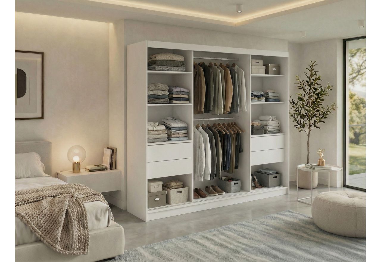 Szafa przesuwna NAURU 240 cm - biały z lamelami dąb aristan + 4 szuflady