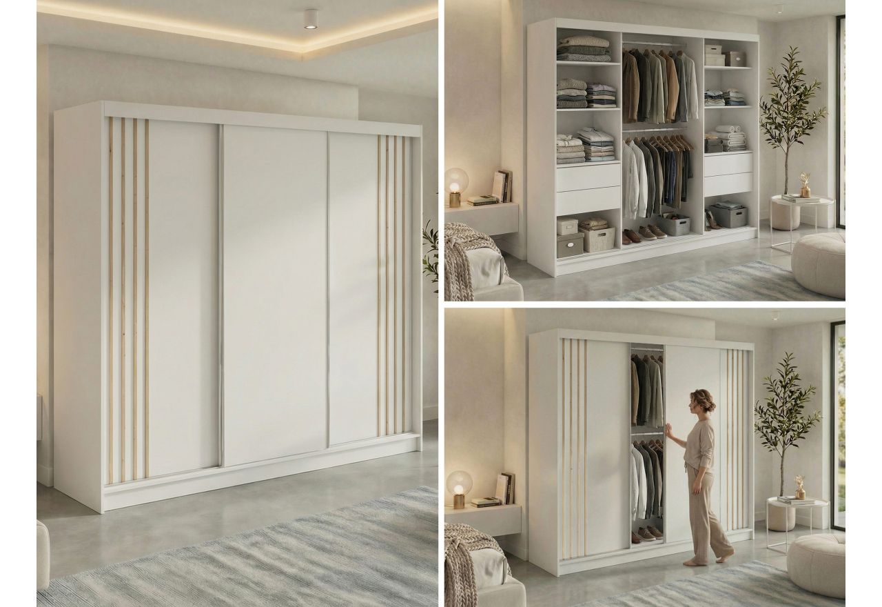 Szafa przesuwna NAURU 240 cm - biały z lamelami dąb aristan + 4 szuflady