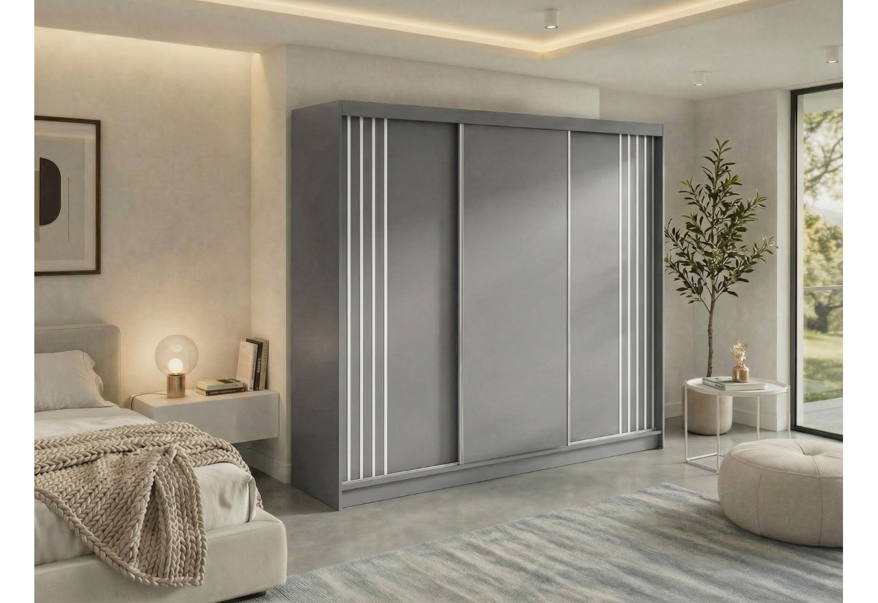 Szafa przesuwna NAURU 240 cm - szary z lamelami białymi + 4 szuflady