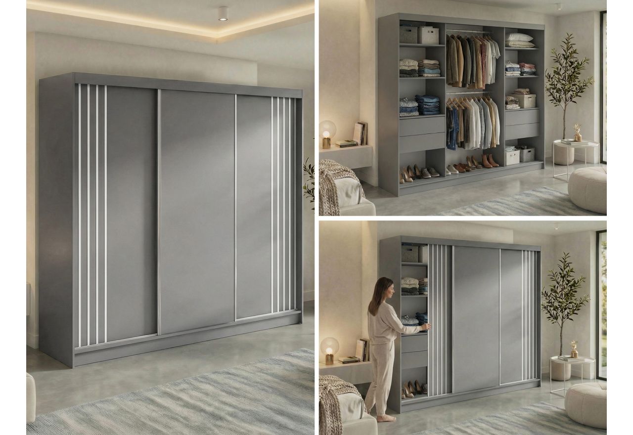 Szafa przesuwna NAURU 240 cm - szary z lamelami białymi + 4 szuflady