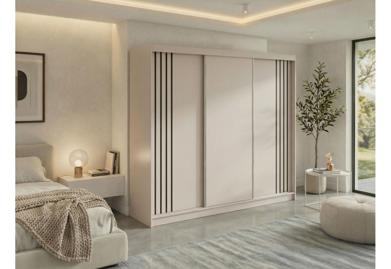 Szafa przesuwna NAURU 240 cm - kaszmir z lamelami czarnymi + 4 szuflady