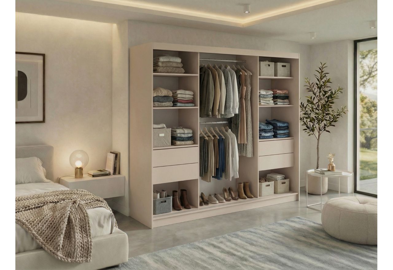 Szafa przesuwna NAURU 240 cm - kaszmir z lamelami czarnymi + 4 szuflady