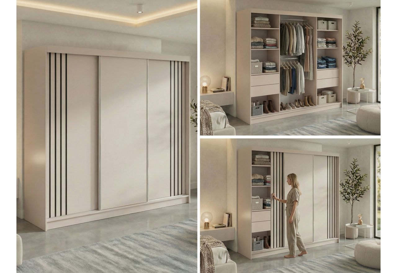 Szafa przesuwna NAURU 240 cm - kaszmir z lamelami czarnymi + 4 szuflady