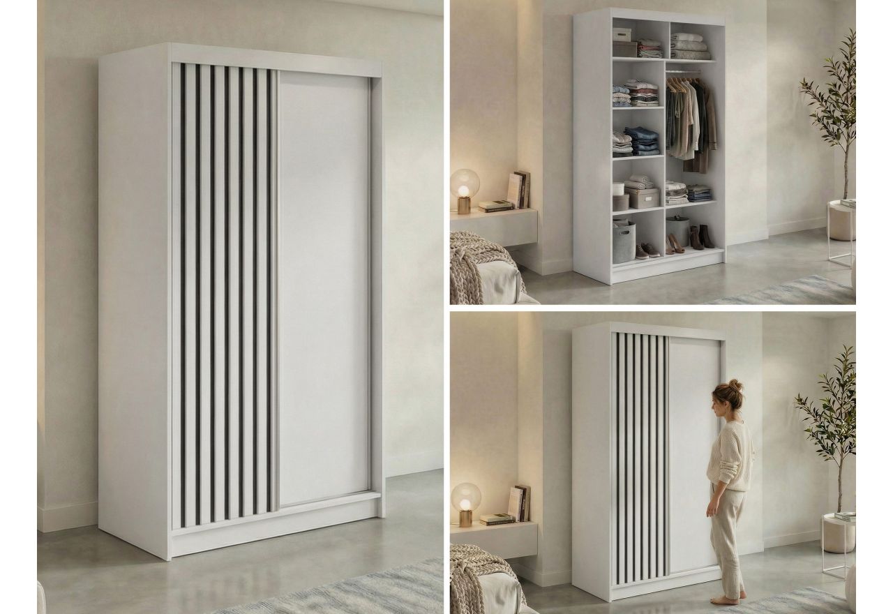 Szafa przesuwna LUMOS 120 cm - biały, z lamelami czarnymi