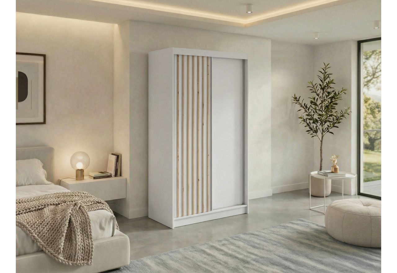 Szafa przesuwna LUMOS 120 cm - biały, z lamelami dąb aristan