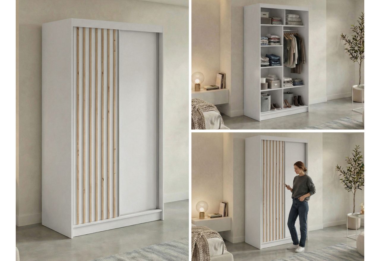 Szafa przesuwna LUMOS 120 cm - biały, z lamelami dąb aristan