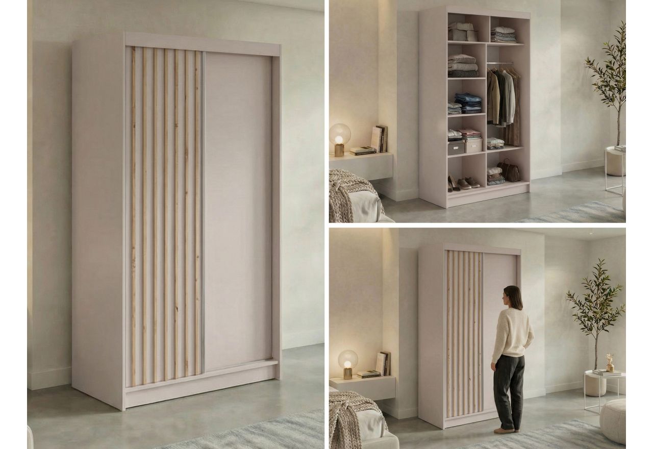 Szafa przesuwna LUMOS 120 cm - kaszmir, z lamelami dąb aristan