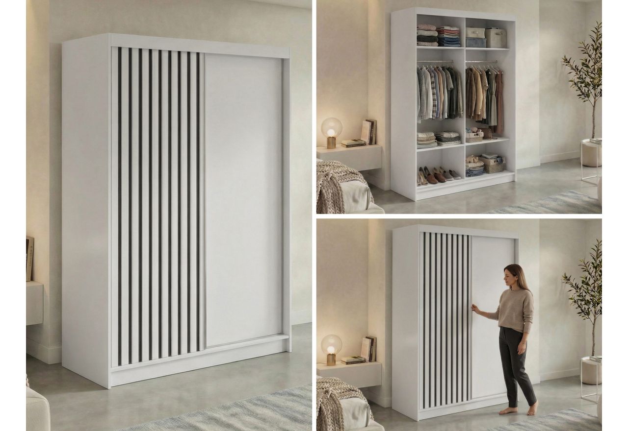 Szafa przesuwna LUMOS 150 cm - biały, z lamelami czarnymi