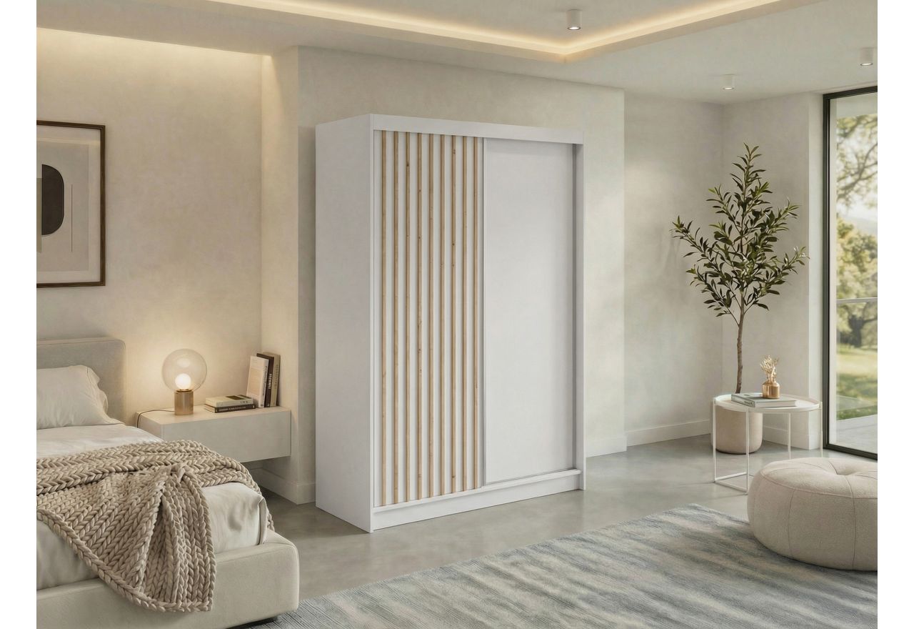 Szafa przesuwna LUMOS 150 cm - biały, z lamelami dąb aristan