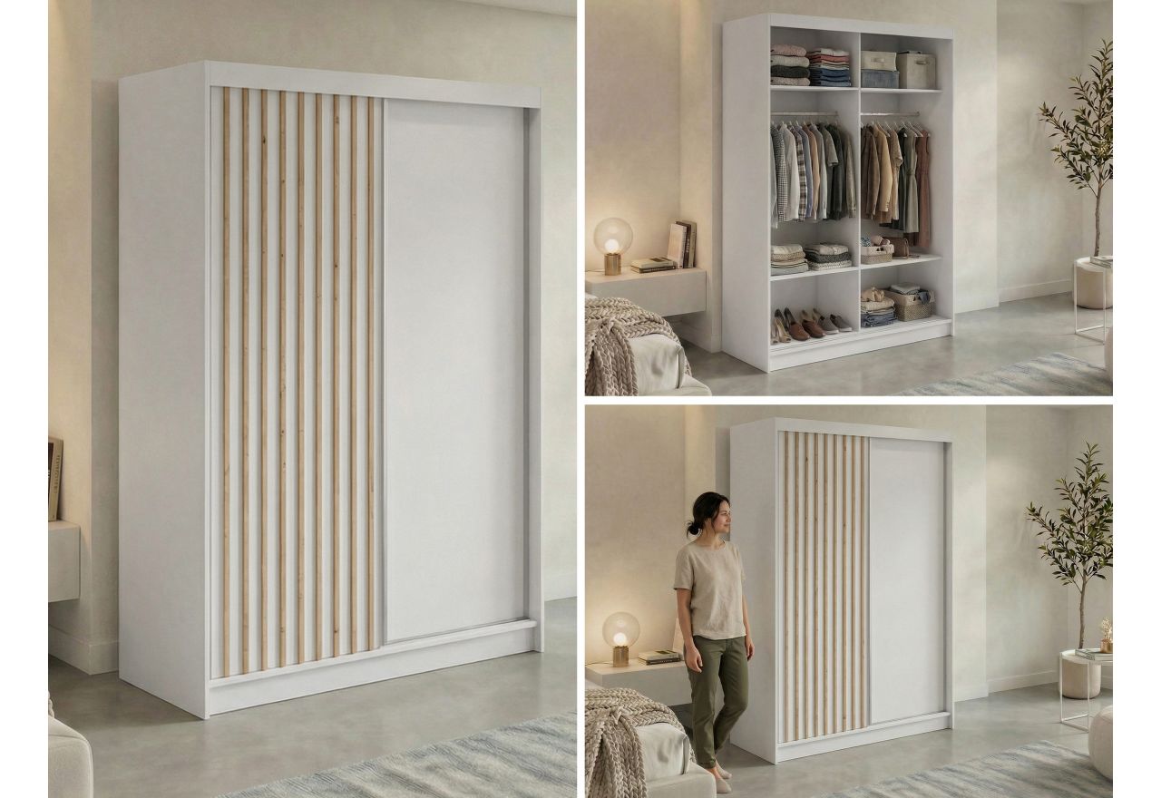 Szafa przesuwna LUMOS 150 cm - biały, z lamelami dąb aristan
