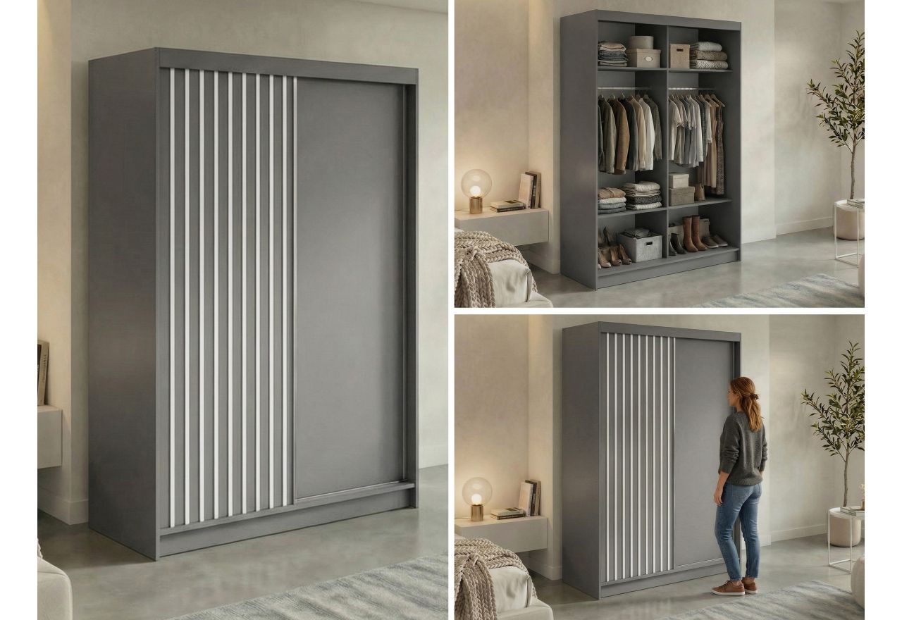 Szafa przesuwna LUMOS 150 cm - szary, z lamelami białymi