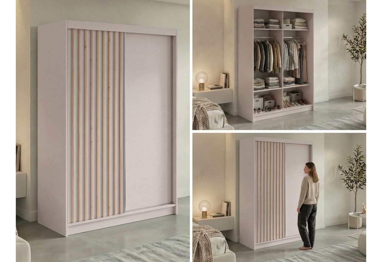 Szafa przesuwna LUMOS 150 cm - kaszmir, z lamelami dąb aristan