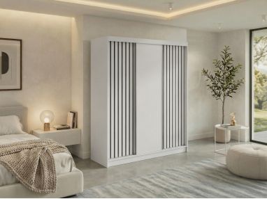 Szafa przesuwna LUMOS 180 - biały, z lamelami czarnymi + 2 szuflady