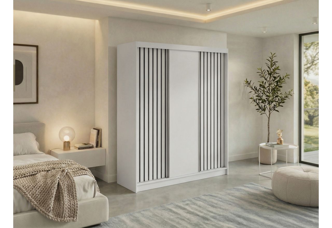 Szafa przesuwna LUMOS 180 cm - biały, z lamelami czarnymi + 2 szuflady