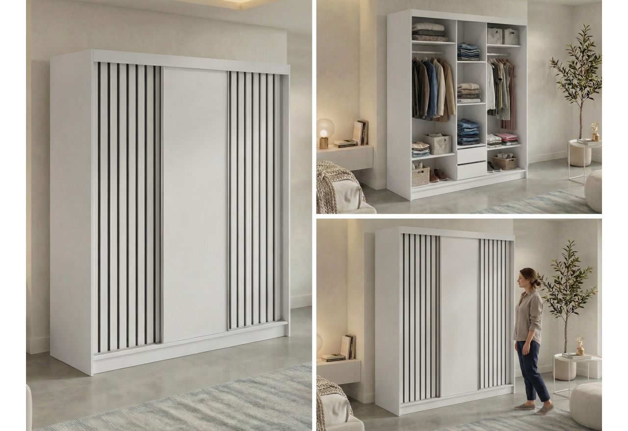 Szafa przesuwna LUMOS 180 cm - biały, z lamelami czarnymi + 2 szuflady