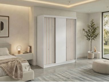 Szafa przesuwna LUMOS 180 - biały, z lamelami dąb aristan + 2 szuflady