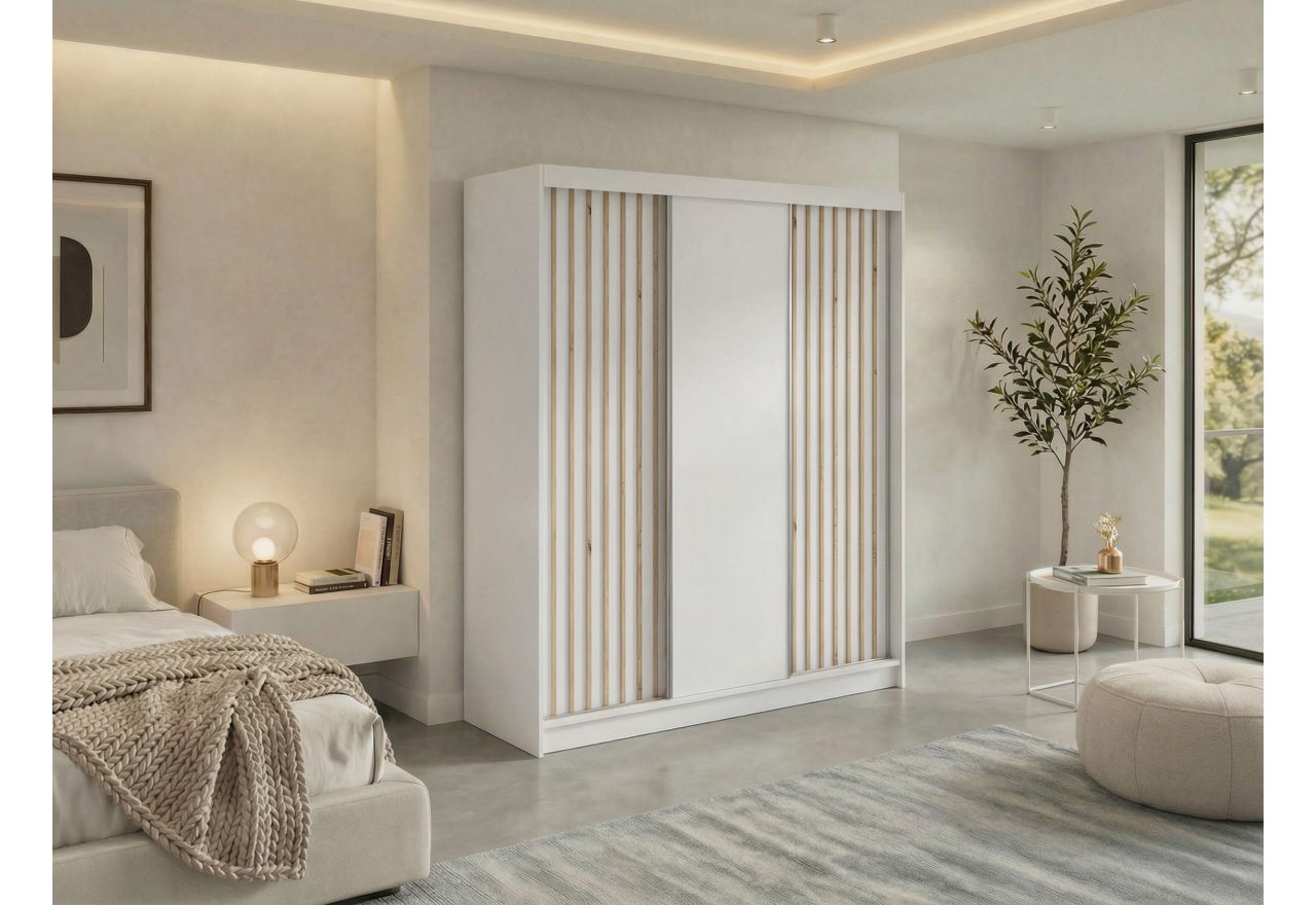 Szafa przesuwna LUMOS 180 cm - biały, z lamelami dąb aristan + 2 szuflady