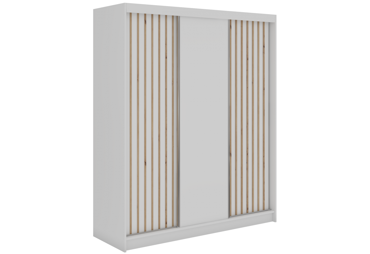 Szafa przesuwna LUMOS 180 cm - biały, z lamelami dąb aristan + 2 szuflady