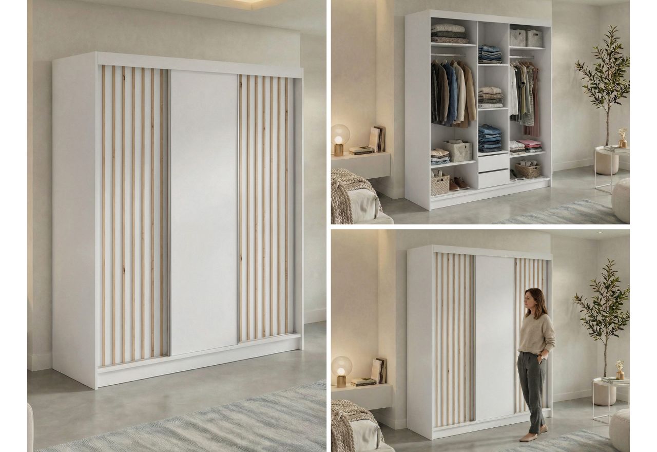 Szafa przesuwna LUMOS 180 cm - biały, z lamelami dąb aristan + 2 szuflady
