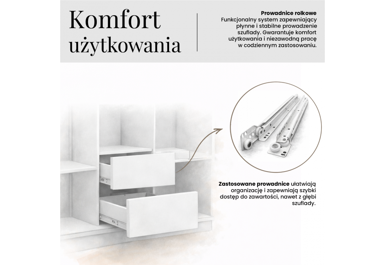 Szafa przesuwna LUMOS 180 cm - biały, z lamelami dąb aristan + 2 szuflady