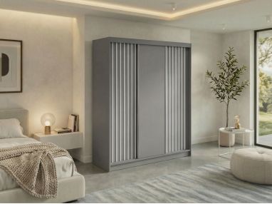 Szafa przesuwna LUMOS 180 - szary, z lamelami białymi + 2 szuflady