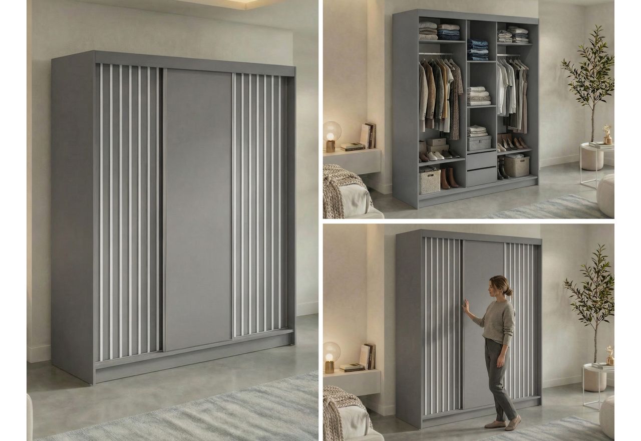 Szafa przesuwna LUMOS 180 cm - szary, z lamelami białymi + 2 szuflady