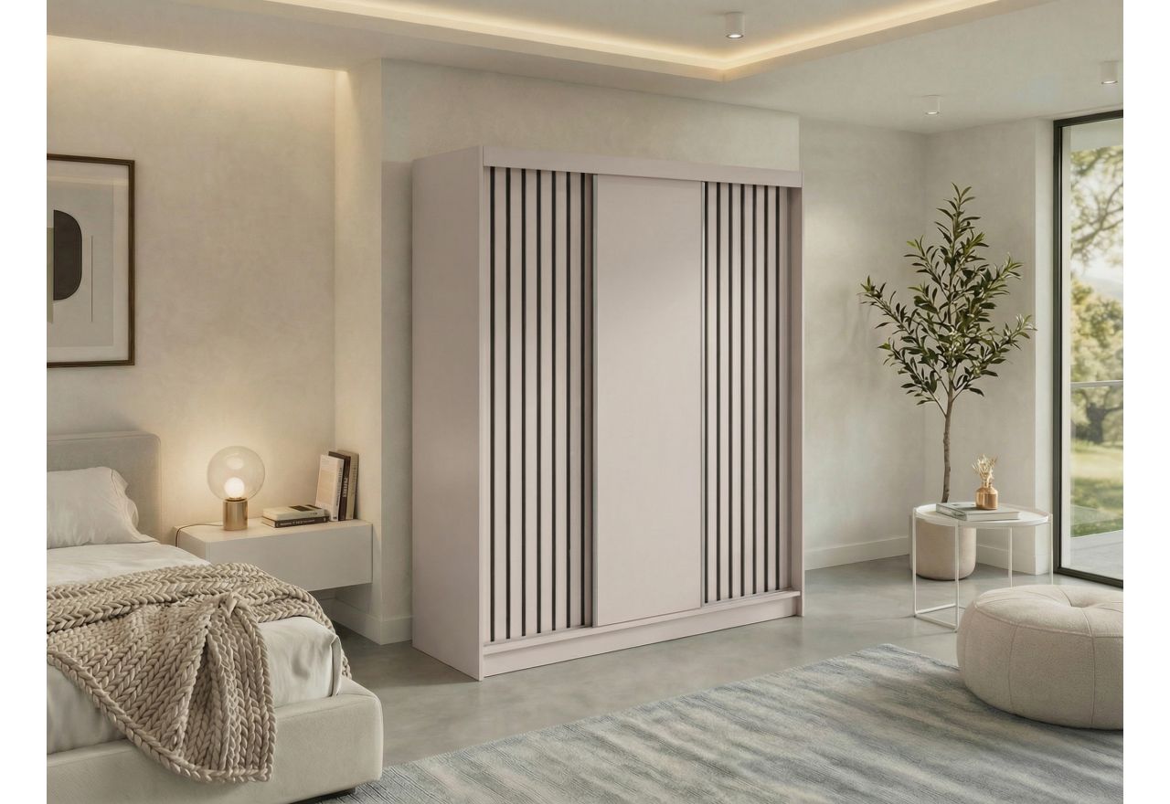 Szafa przesuwna LUMOS 180 cm - kaszmir, z lamelami czarnymi + 2 szuflady