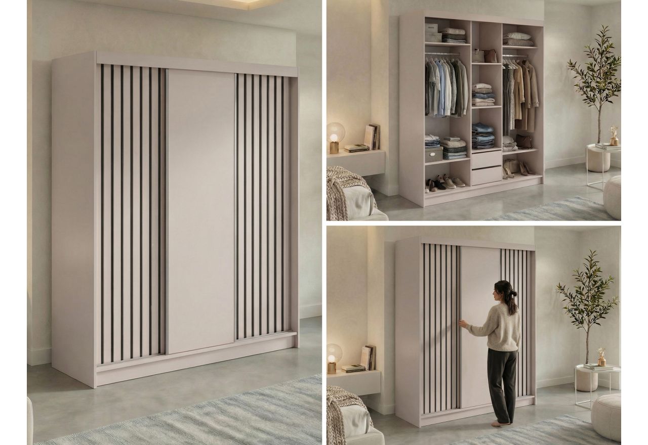 Szafa przesuwna LUMOS 180 cm - kaszmir, z lamelami czarnymi + 2 szuflady