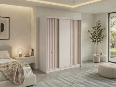 Szafa przesuwna LUMOS 180 - kaszmir, z lamelami dąb aristan + 2 szuflady