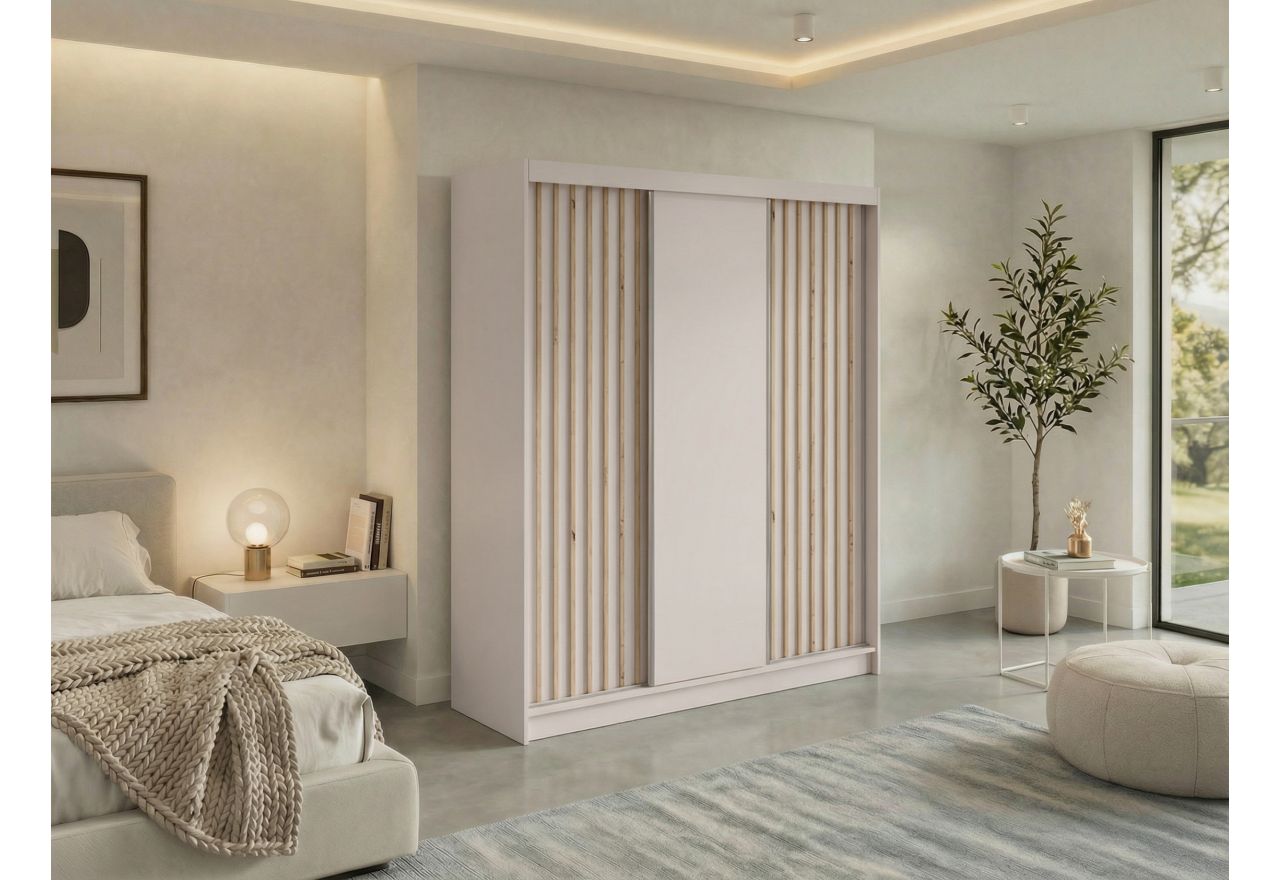 Szafa przesuwna LUMOS 180 cm - kaszmir, z lamelami dąb aristan + 2 szuflady