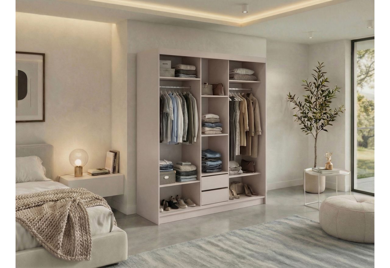 Szafa przesuwna LUMOS 180 cm - kaszmir, z lamelami dąb aristan + 2 szuflady