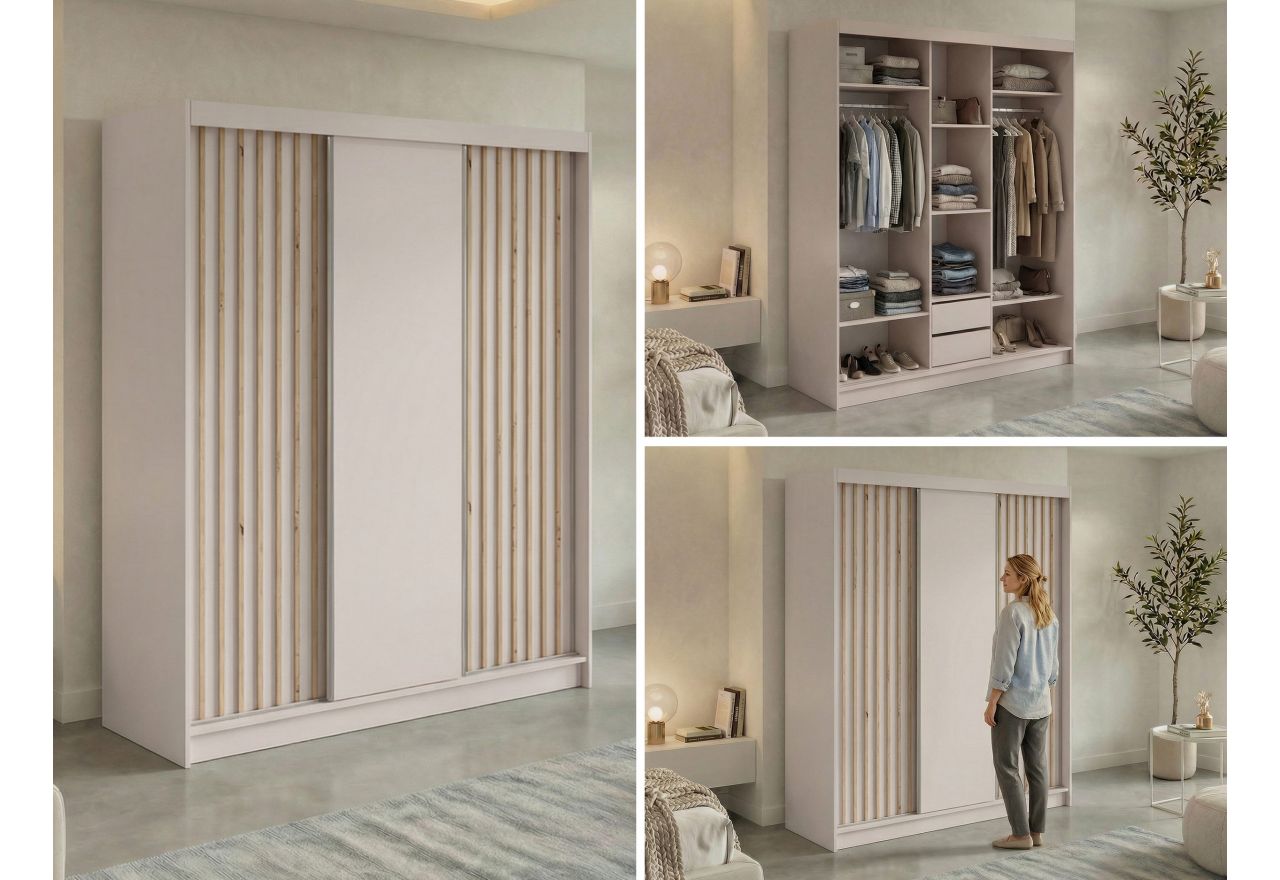 Szafa przesuwna LUMOS 180 cm - kaszmir, z lamelami dąb aristan + 2 szuflady