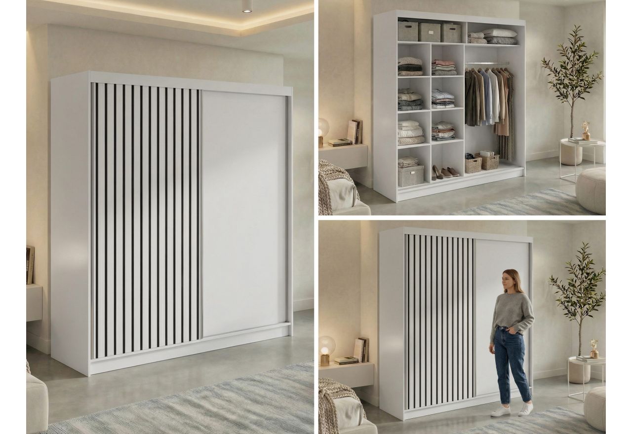 Szafa przesuwna LUMOS 200 - biały, z lamelami czarnymi