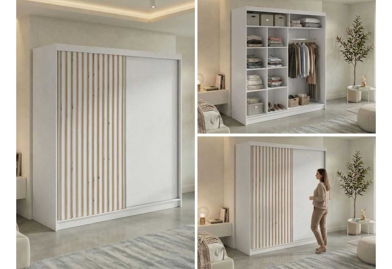 Szafa przesuwna LUMOS 200 - biały, z lamelami dąb aristan