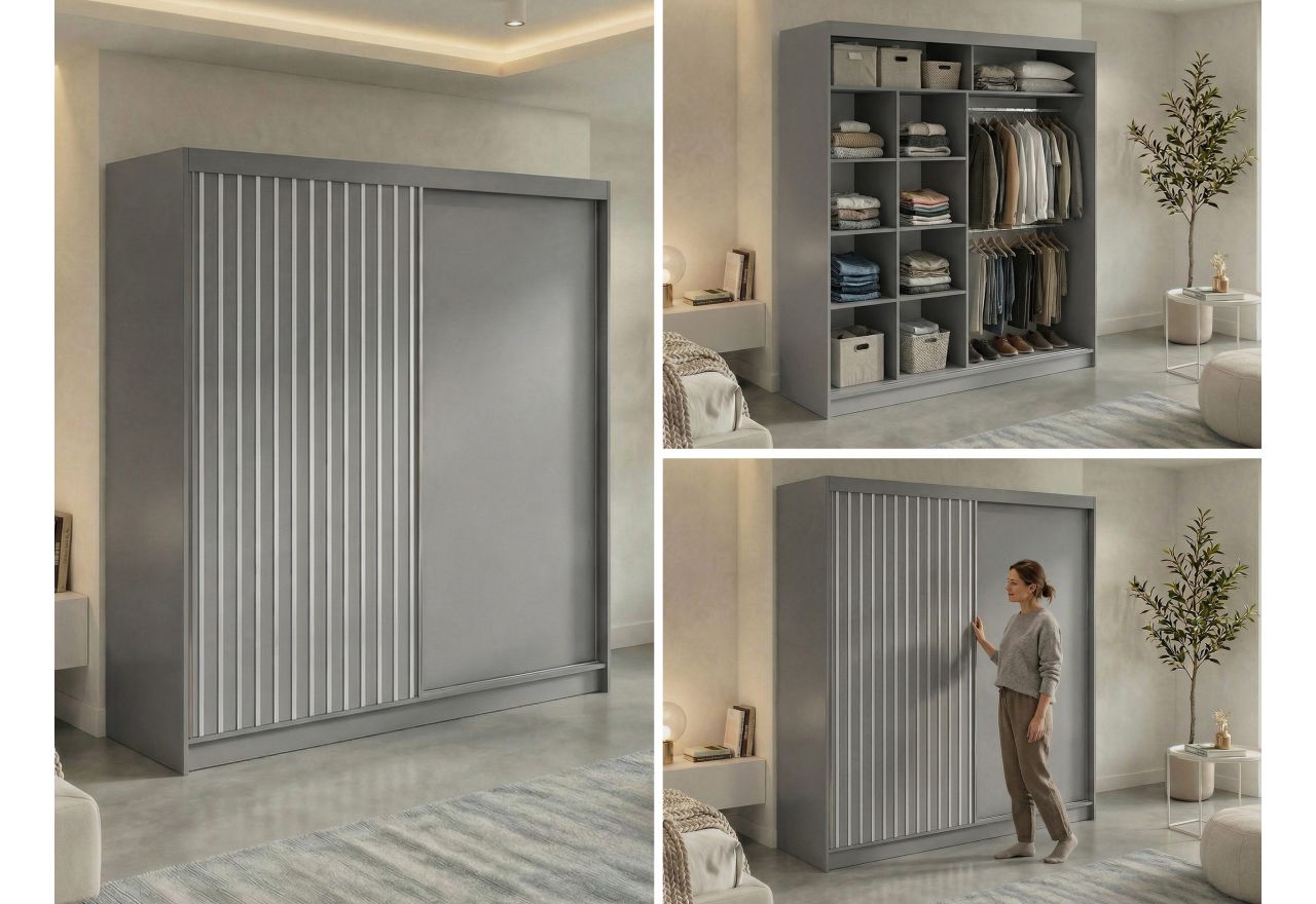 Szafa przesuwna LUMOS 200 - szary, z lamelami białymi