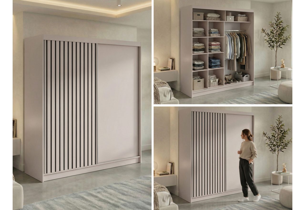 Szafa przesuwna LUMOS 200 - kaszmir, z lamelami czarnymi